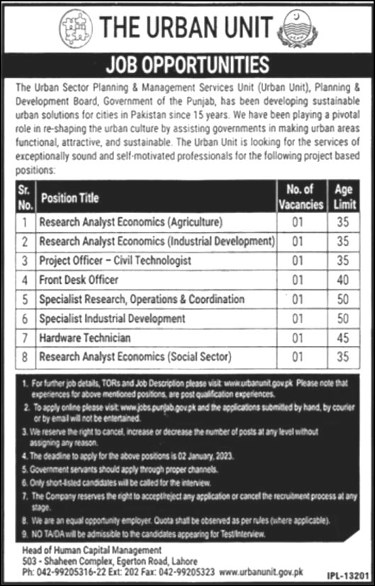 New Govt Jobs In Lahore Today At The Urban Unit