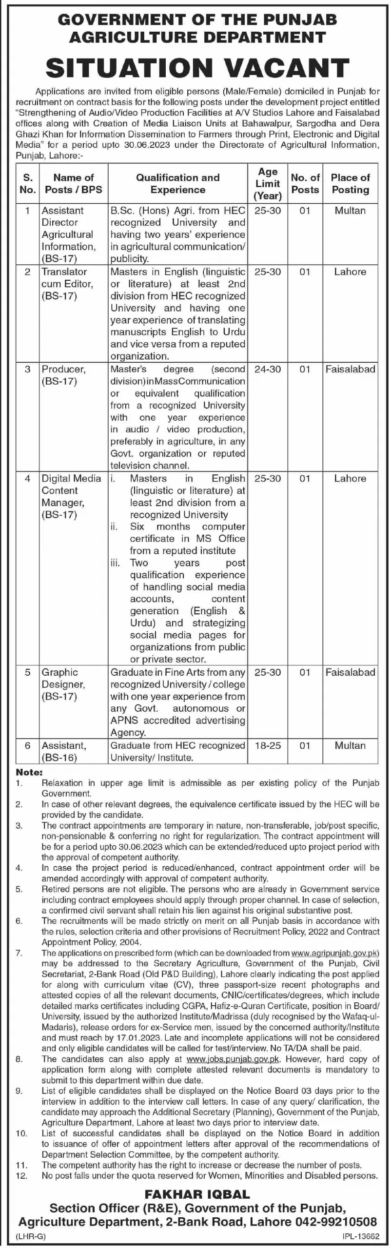 Lahore Govt Jobs Today 2023 At Agriculture Department