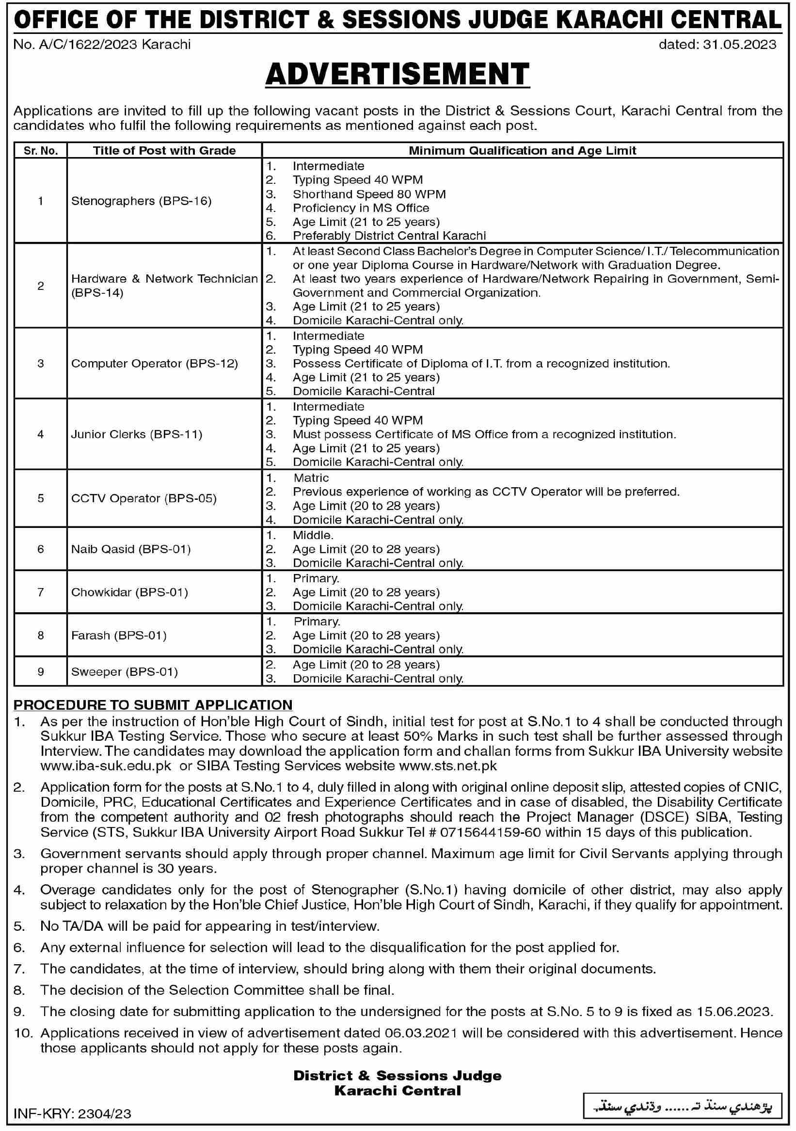 District and Session Courts Karachi Jobs June 2023