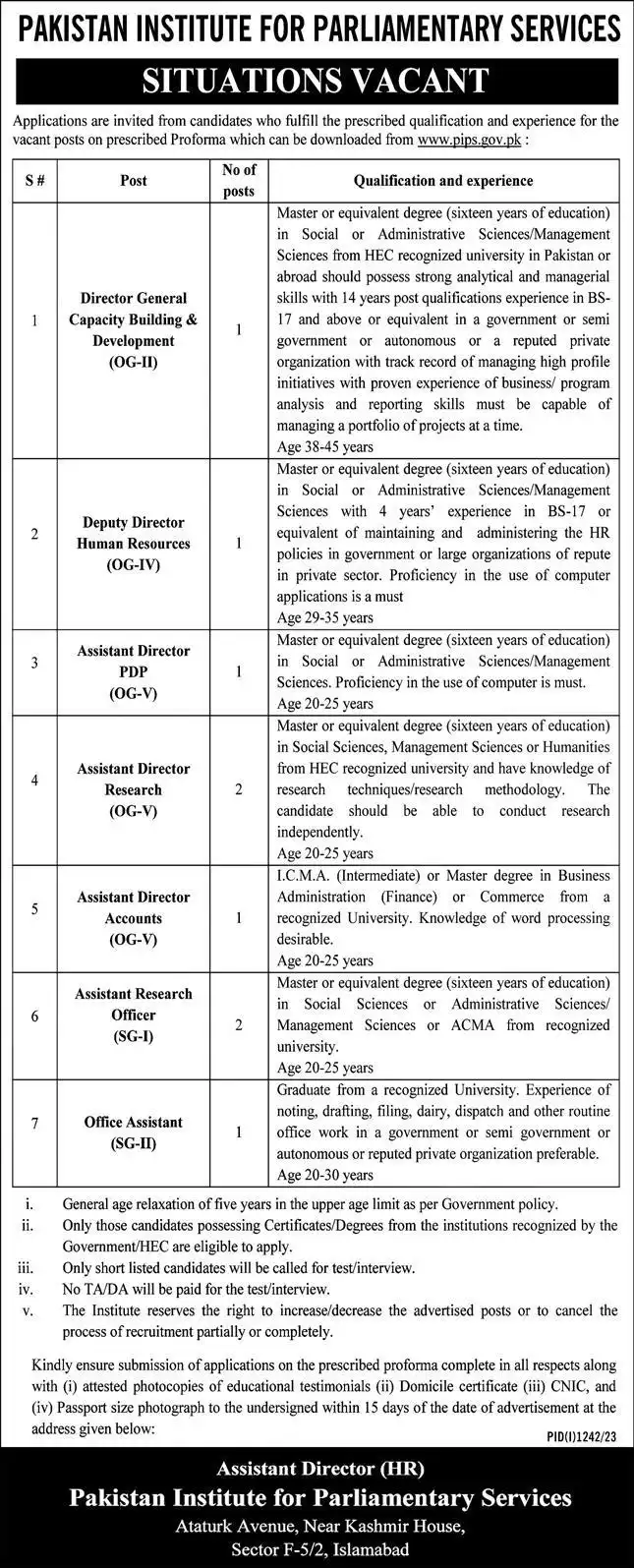 Pakistan Institute for Parliamentary Services Jobs August 2023