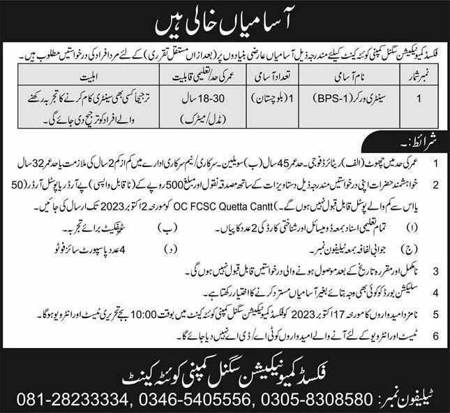 Army Fixed Signal Company Quetta Jobs 2023