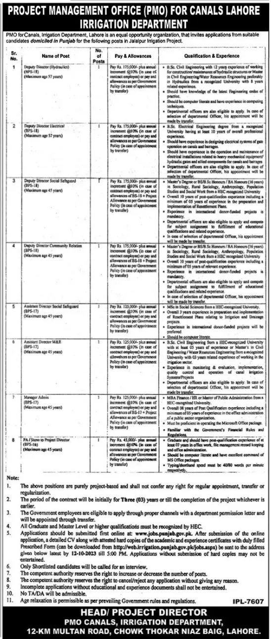 Govt Jobs Punjab Lahore Today 2023 At Irrigation Department
