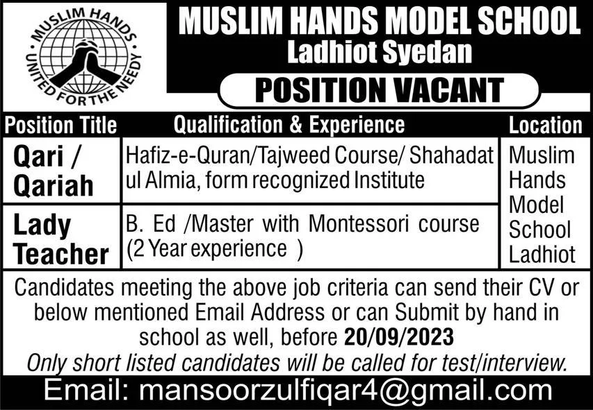 Latest Jobs At Muslim Hands Model School Islamabad